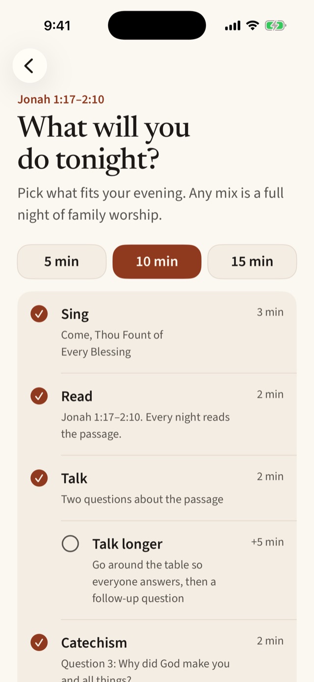 Hearth screen: What will you do tonight? Quick picks for 5, 10 or 15 minutes and a checklist of the night's parts.