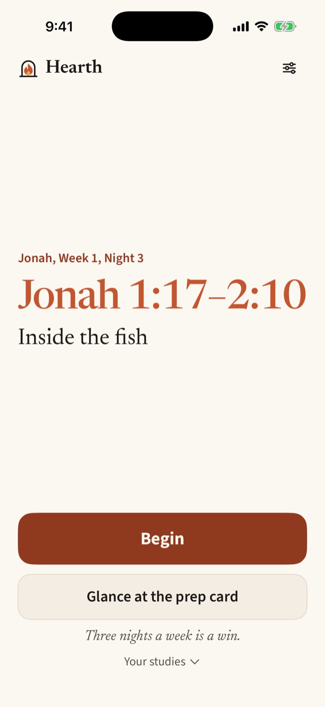 Hearth's home screen showing tonight: Jonah 1:17 to 2:10, Inside the fish, with a Begin button and a button to glance at the prep card.