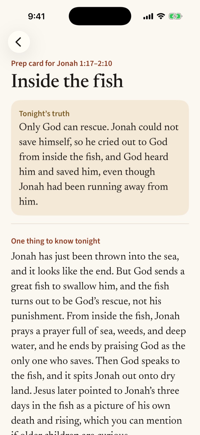 Hearth screen: the prep card for Jonah 1:17 to 2:10, with tonight's truth.