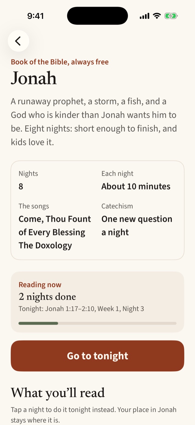Hearth screen: the Jonah study page, eight nights, two done.